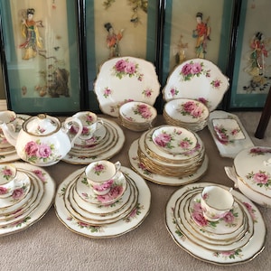Vintage Royal Albert Tea Set Dinner Set, American Beauty, Bone China England, English Teacup, Pink Floral, Gold Trim, Elegant, Gift