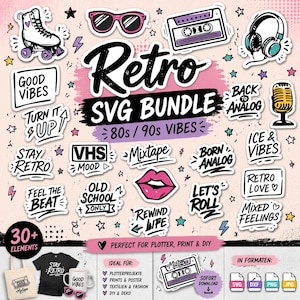 Könnte beinhalten: Ein digitales SVG-Bundle mit Retro-Thema, das Elemente wie Rollschuhe, Sonnenbrillen, ein Kassettenband und Kopfhörer enthält. Das Design umfasst Textelemente wie "Retro", "Good Vibes" und "80s/90s Vibes."