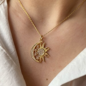 Crescent Moon and Sun Necklace, 14K Solid Gold Necklace, Moon Charm, CZ Necklace, Silver Necklace, Stars Necklace, Celestial Necklace