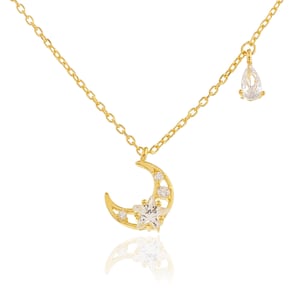 Crescent Moon and Star Necklace, 14K Solid Gold Necklace, Teardrop, CZ Necklace, Silver Necklace, Crescent Moon Necklace, Celestial Necklace