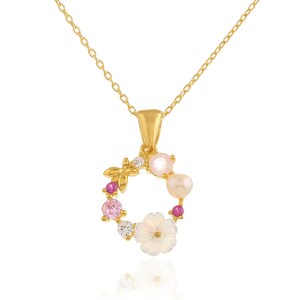 Flower Wreath Necklace, 14K Solid Gold Necklace, Romantic Floral Charm, Butterfly Pendant, CZ Necklace, Pearl Necklace, Circle Necklace