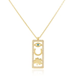 Collar de buena suerte, collar de oro sólido de 14K, encanto de medallón de la suerte, collar de herradura, collar de mal de ojo, collar de trébol, collar de plata
