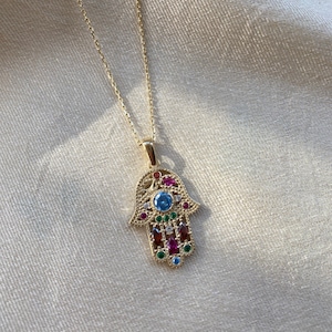 Hamsa Evil Eye Gold Necklace, 14K Solid Gold Hand of Fatima Pendant, Protection Gold Necklace, Good Luck Pendant, Christmas Gift