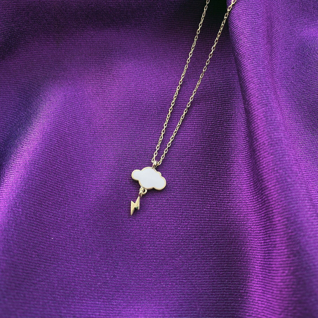 Lightning Cloud Necklace, 14K Solid Gold Necklace, Lightning Bolt