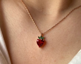 Strawberry Necklace, Silver Strawberry Necklace, Necklace for Woman, Birthday Gift, Gift for Her, Fruits Necklace, Fruit Necklace, for Beach