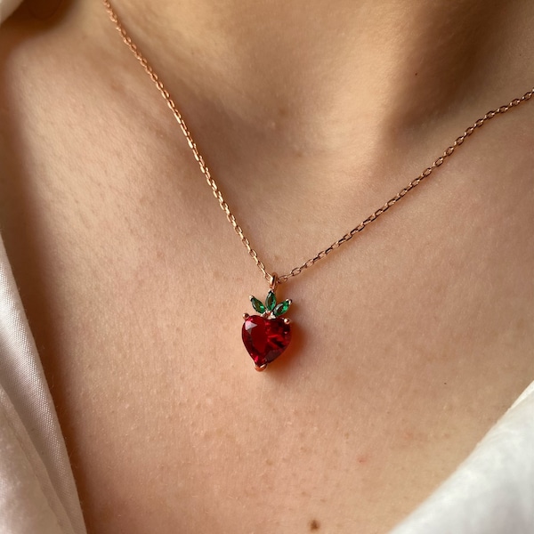 Strawberry Necklace, Silver Strawberry Necklace, Necklace for Woman, Birthday Gift, Gift for Her, Fruits Necklace, Fruit Necklace, for Beach