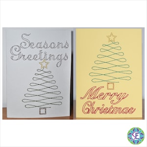 May include: Two handmade Christmas cards with a green and yellow stitched tree design. The card on the left says "Seasons Greetings" and the card on the right says "Merry Christmas".