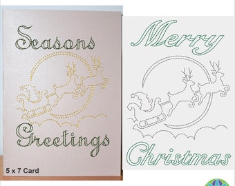 5x7 inch Christmas Card Enchanting Sleigh and Reindeer ITH Machine Embroidery 130x180 mm