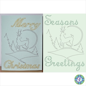 May include: Two cards with a deer and trees design. One card says "Merry Christmas" in gold thread and the other card says "Seasons Greetings" in green thread.