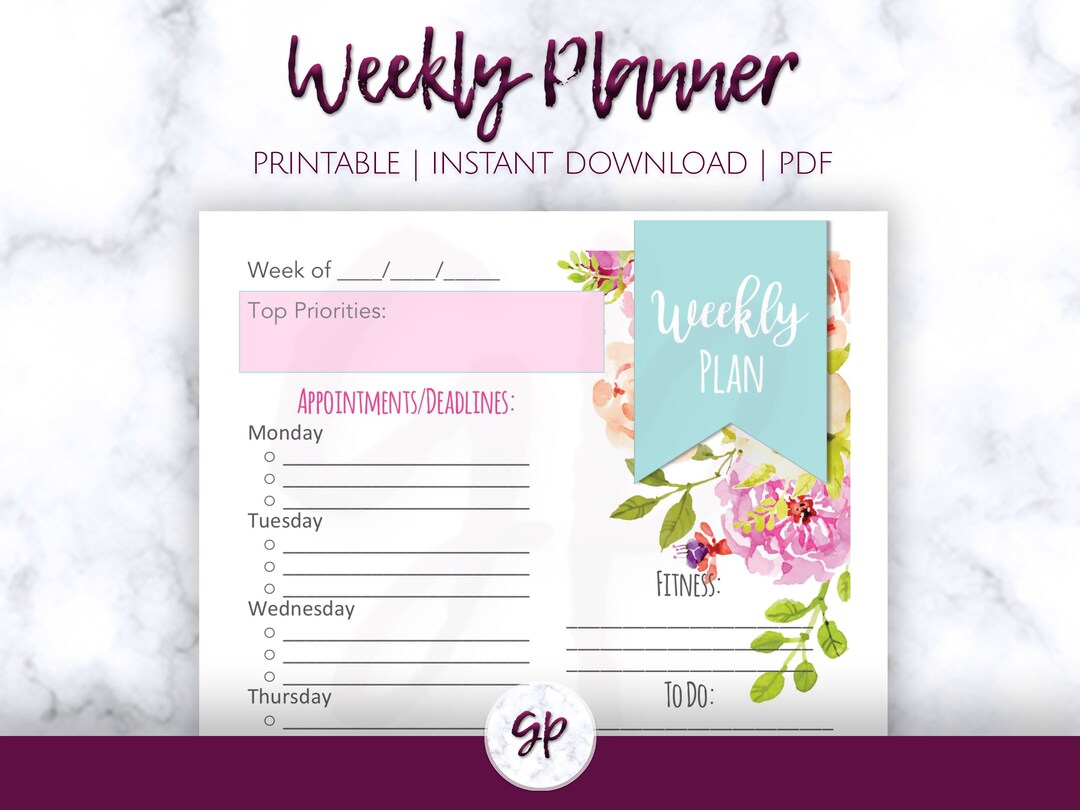 Weekly Planner Printable: 7-day Schedule, Priorities, Fitness (PDF ...