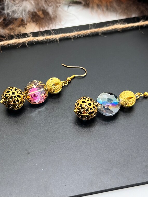 Antique Gold and Iridescent Beaded Earrings, Elegant Drop Earrings, Wedding Jewelry, Bridesmaids, Prom Jewelry