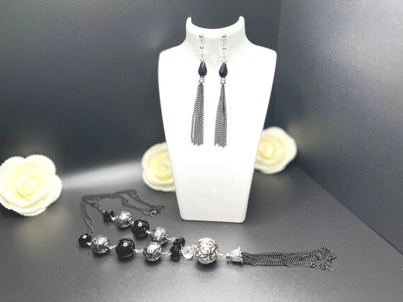 Black and Silver Pendant Necklace Set, Silver Necklace Set, Statement Jewelry, Modern Jewelry, Necklace Gift