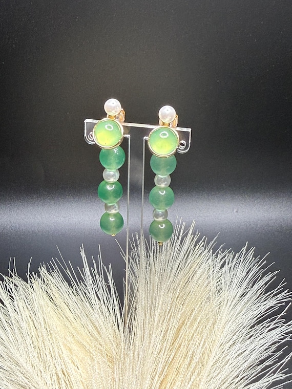 Green and White Pearl Clip On Dangle Earrings