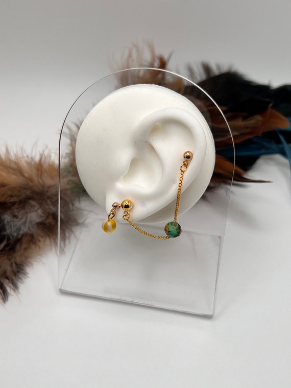 Yellow and Gold Stack Earring with Chain, Modern Jewelry, Boho Earrings, Stack Earrings, Trendy Jewelry, Unique Gift