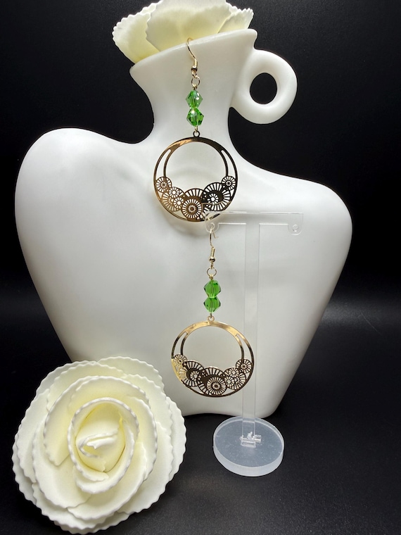 Gold and Green Gear Designed Hoop Earrings