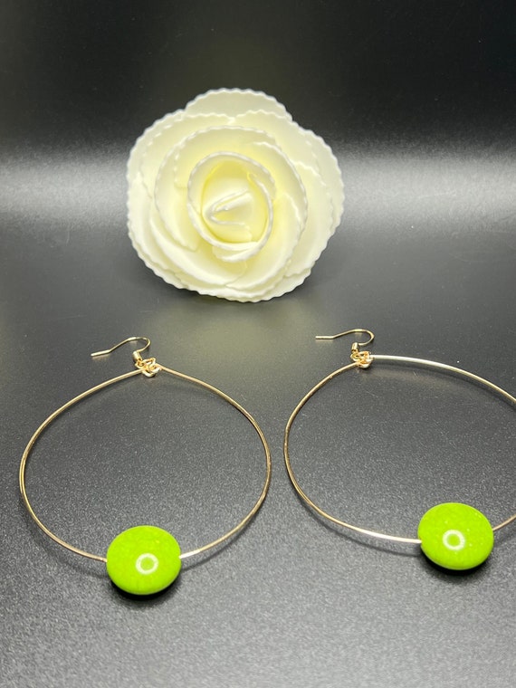 Gold and Green Large Hoop Earrings, Green Beaded Hoops, Large Hoop Earrings, Statement Hoops, Gift for Her
