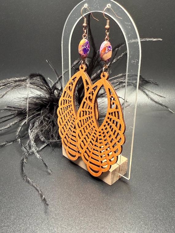 Jasper and Wood Earrings, Imperial Purple Dyed Jasper, Purple Jasper Earrings, Boho Earrings, Wood Earrings