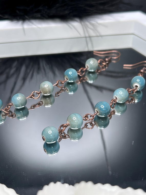 Stone and Copper Drop Earrings, Blue Stone Earrings, Copper Drop Earrings, Boho Jewelry, Everyday Jewelry