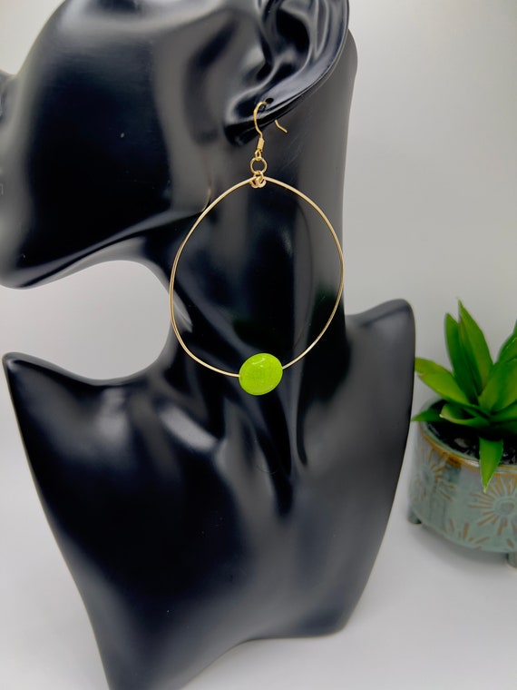 Gold and Green Large Hoop Earrings, Green Beaded Hoops, Large Hoop Earrings, Statement Hoops, Gift for Her