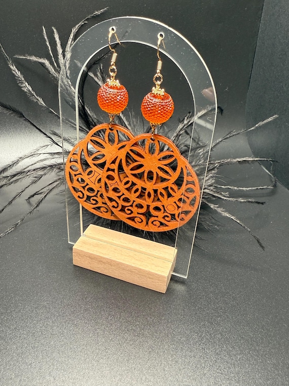 Orange Beaded Wood Earrings, Urban Large Earrings, Beaded Wood Earrings, Statement Earrings, Wood Gift