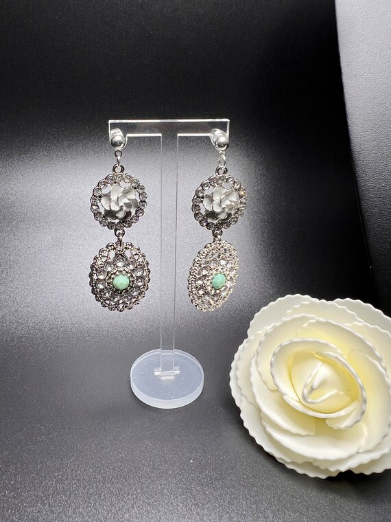 Gray Flower and Teal Formal Earrings