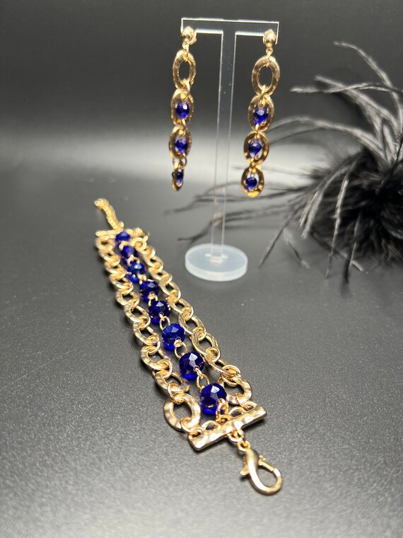 Gold and Blue Beaded Bracelet and Earring Set, Avant Garde Jewelry, Handmade Gifts, Gifts for Mom, Anniversary Gifts