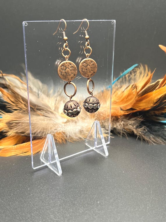Copper Drop Earrings, Beaded Copper Drop Earrings, Boho Copper Earrings, Modern Jewelry, Everyday Jewelry
