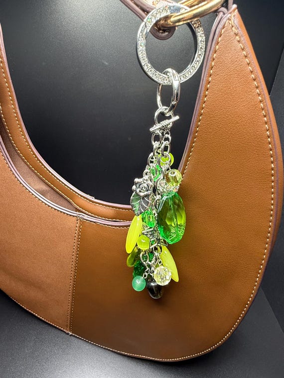 Silver Charm Purse Bracelet: Green Beads & Bling Ring
