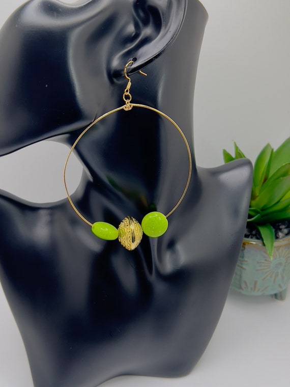 Green Beaded Large Hoop Earrings, Gold and Green Hoops, Statement Hoops, Gold Earrings, Fashion Jewelry, Gift