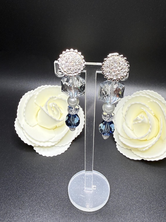 Silver and Blue Elegant Crystal Clip on Earrings