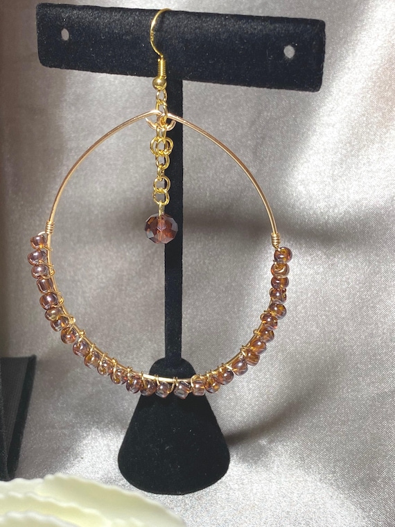 Beaded Hoop Earrings in Gold, Handmade Hoops, Stylish Beaded Hoops, Elegant Earrings, Jewelry Gift