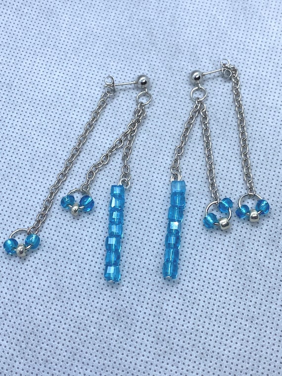 Blue Triple Chain Beaded Earrings, Boho Earrings, Fun Jewelry, Silver and Blue Earrings, Trendy Earrings