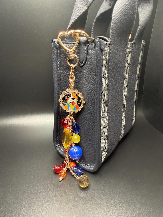 Dog Pendant Blue and Orange Beaded Keychain with Heart Toggle Clasp