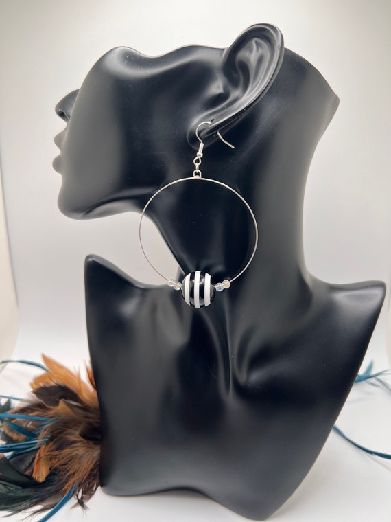 Striped Gumball Beaded Hoops, Large Beaded Hoop Earrings, Modern Hoop Earrings, Boho Earrings, Black and White