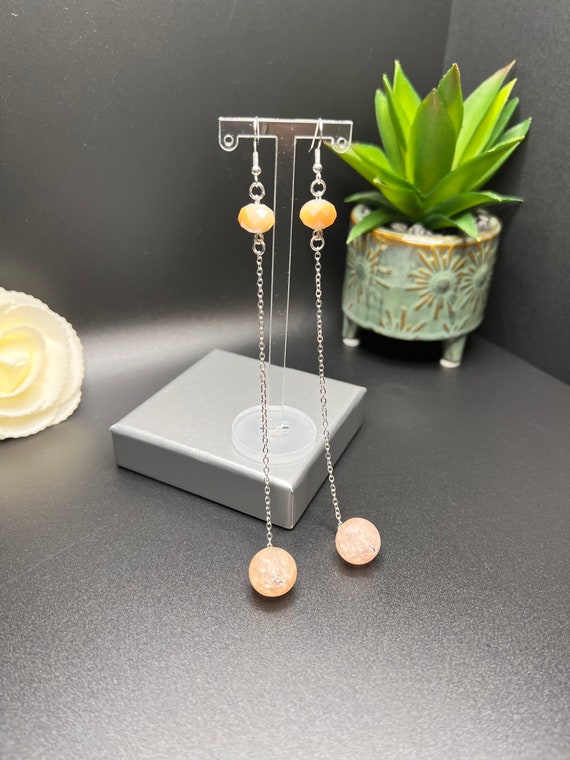 Beige Glass Bead Earrings, Long Earrings, Statement Earrings, Matte Glass Bead Jewelry, Gift for Her