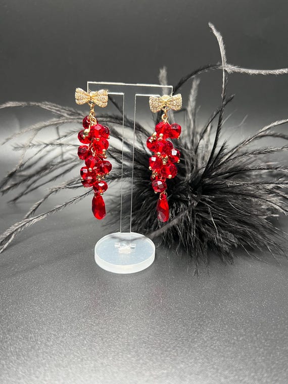 Gold Bow Red Cluster Earrings