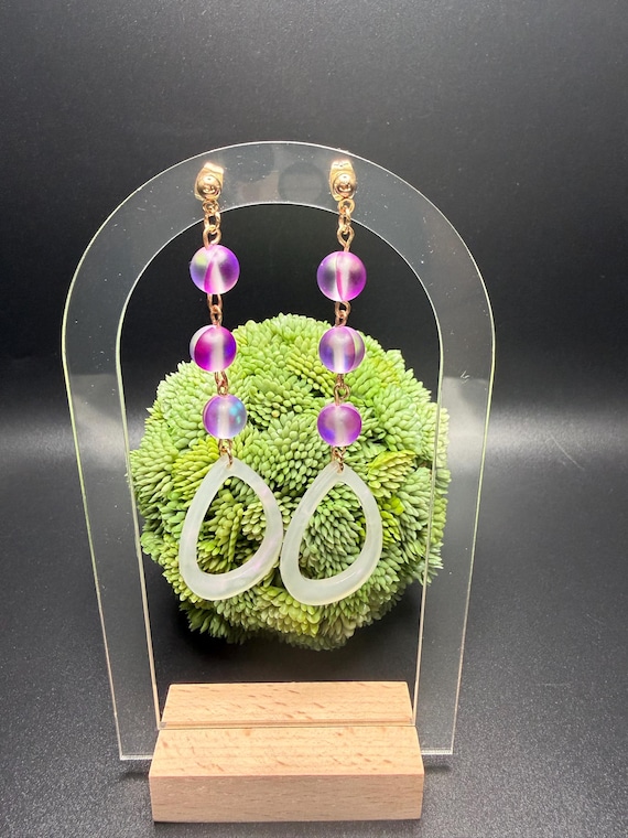Lavender Mermaid Beaded Opal Hoop Dangle Post Earrings