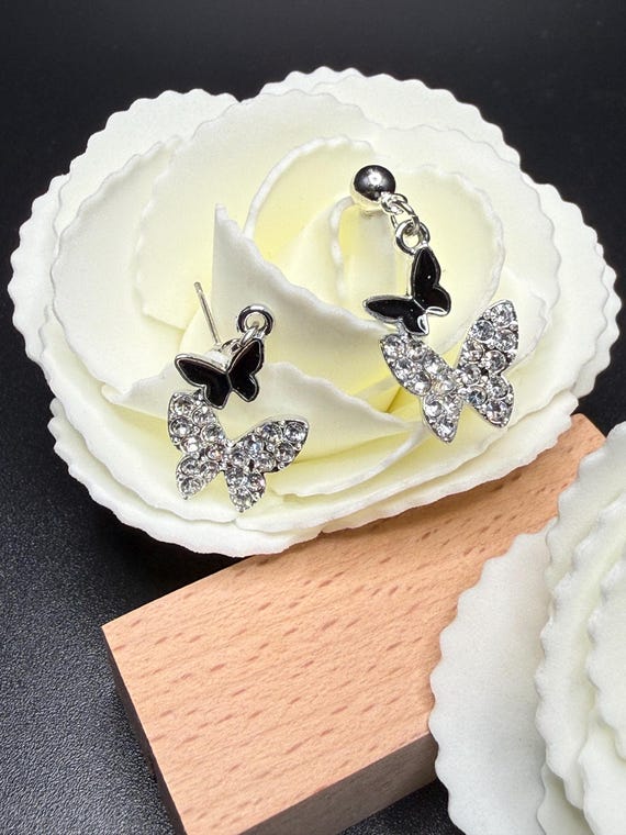 Black and Bling Silver Butterfly Earrings