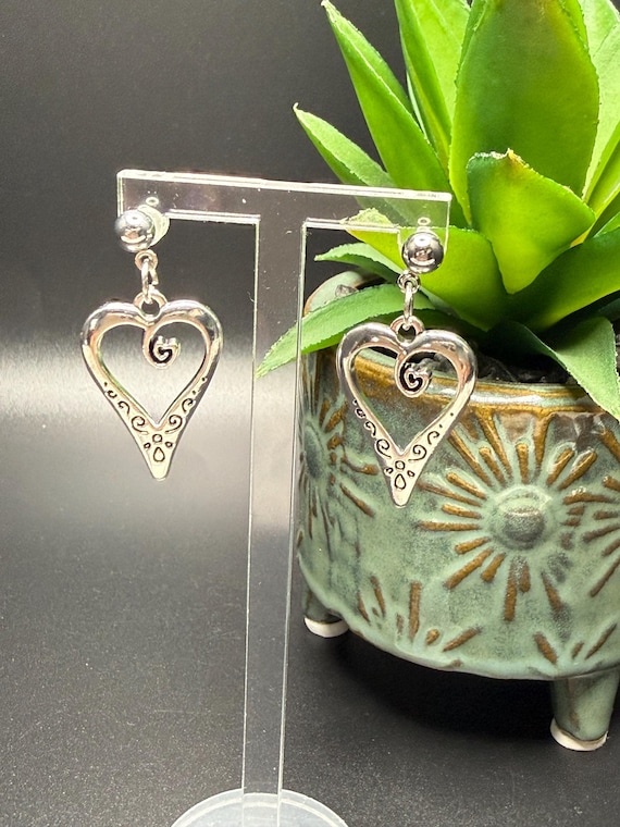 Antique Silver Open Heart Pendant Earrings with Swirls-Post