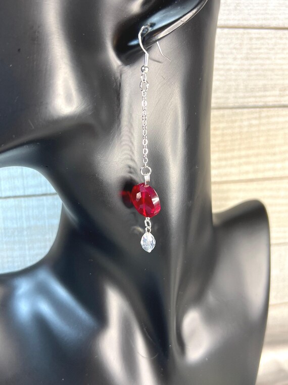 Silver and Red Earrings, Red Crystal Dangle Earrings, Elegant Earrings, Red Bridal Jewelry, Beaded Earrings