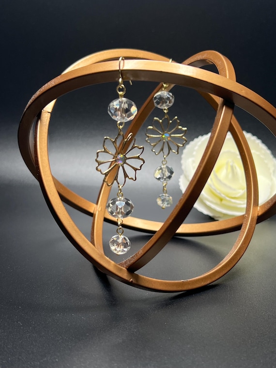Gold Open Flower with Crystal Beads Earrings