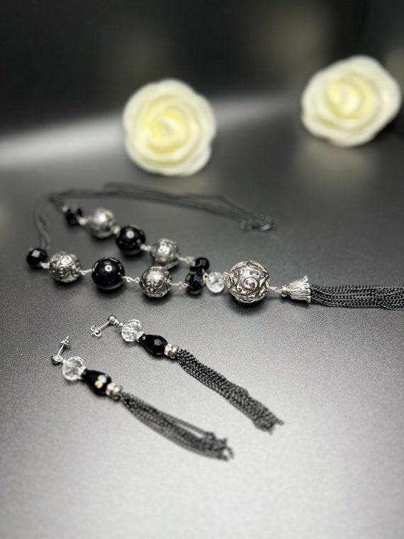 Black and Silver Pendant Necklace Set, Silver Necklace Set, Statement Jewelry, Modern Jewelry, Necklace Gift