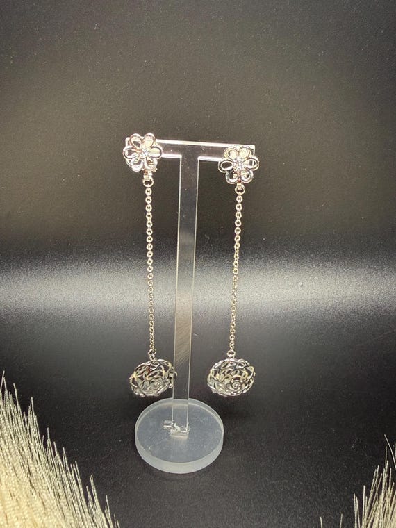 Flower Clip on Open Flower Charm Long Earrings