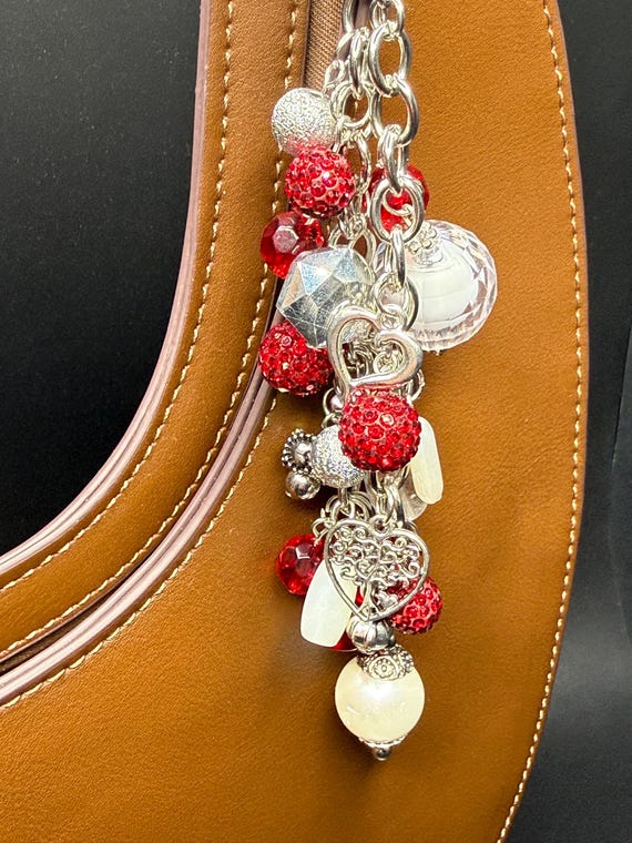 Heart Charms and Red and White Beaded Purse Bracelet with Bling “O” ring