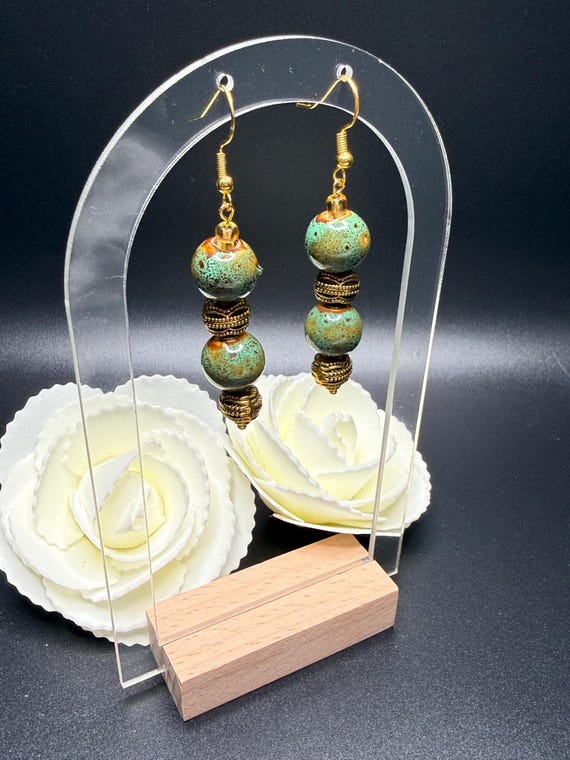 Green Natural Stone and Antique Gold Charm Earrings