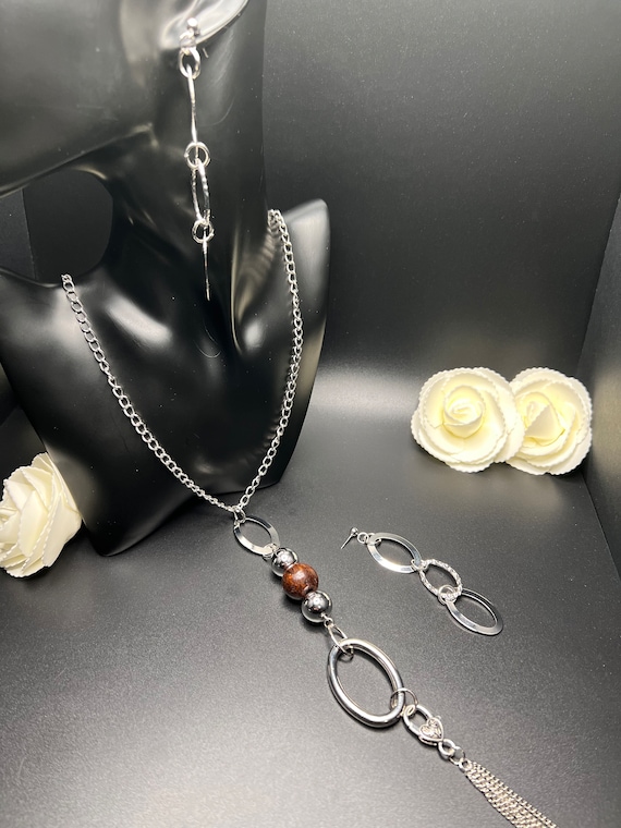 Brown Wood Pendant Necklace Set, Silver Jewelry, Wood Pendant Necklace, Pendant Necklace Set, Brown Jewelry