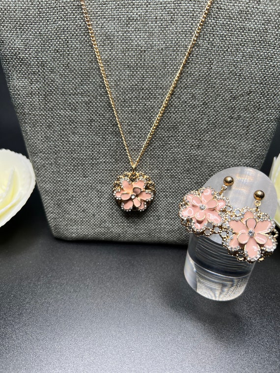 Pink Flower Pendant Necklace and Earring Set, 2pc Jewelry Set, Pink Flower Earrings, Floral Necklace Set, Gifts for Her