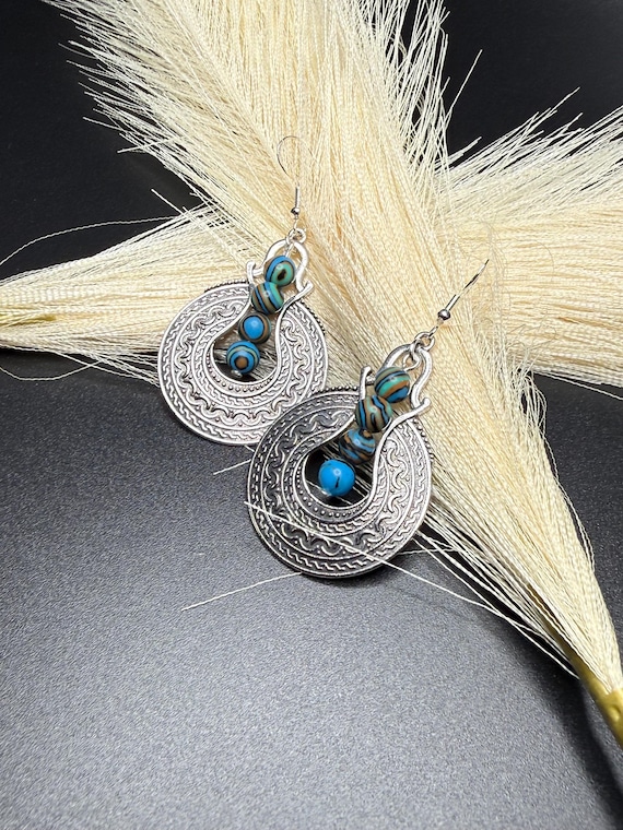Antique Silver Bali Style Pendant Beaded Hoop Earrings