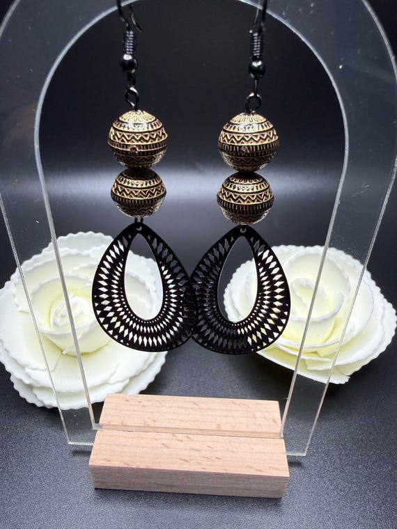Bronze and Black Beaded Black Filagree Hoop Earrings