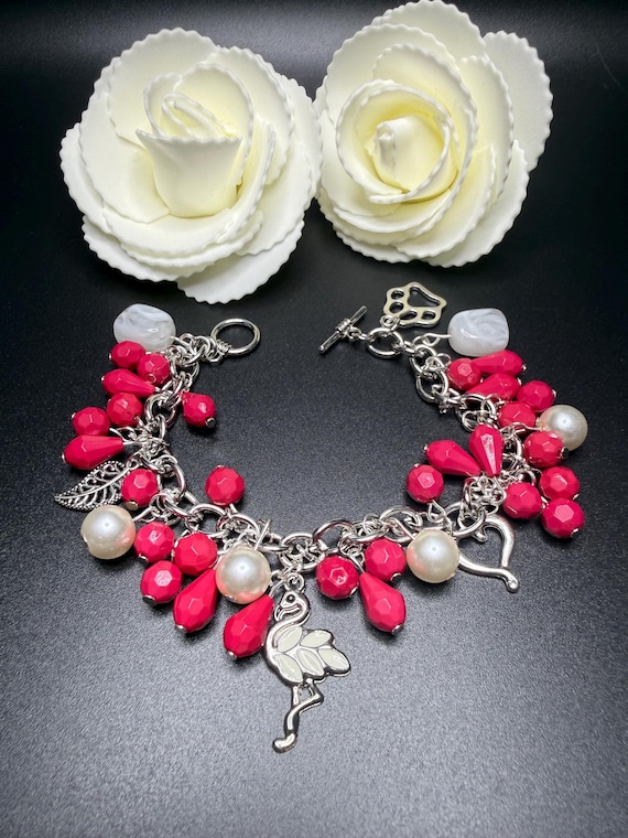 Beaded Charm Bracelet: Pet, Heart, Flamingo Charms, Toggle Clasp